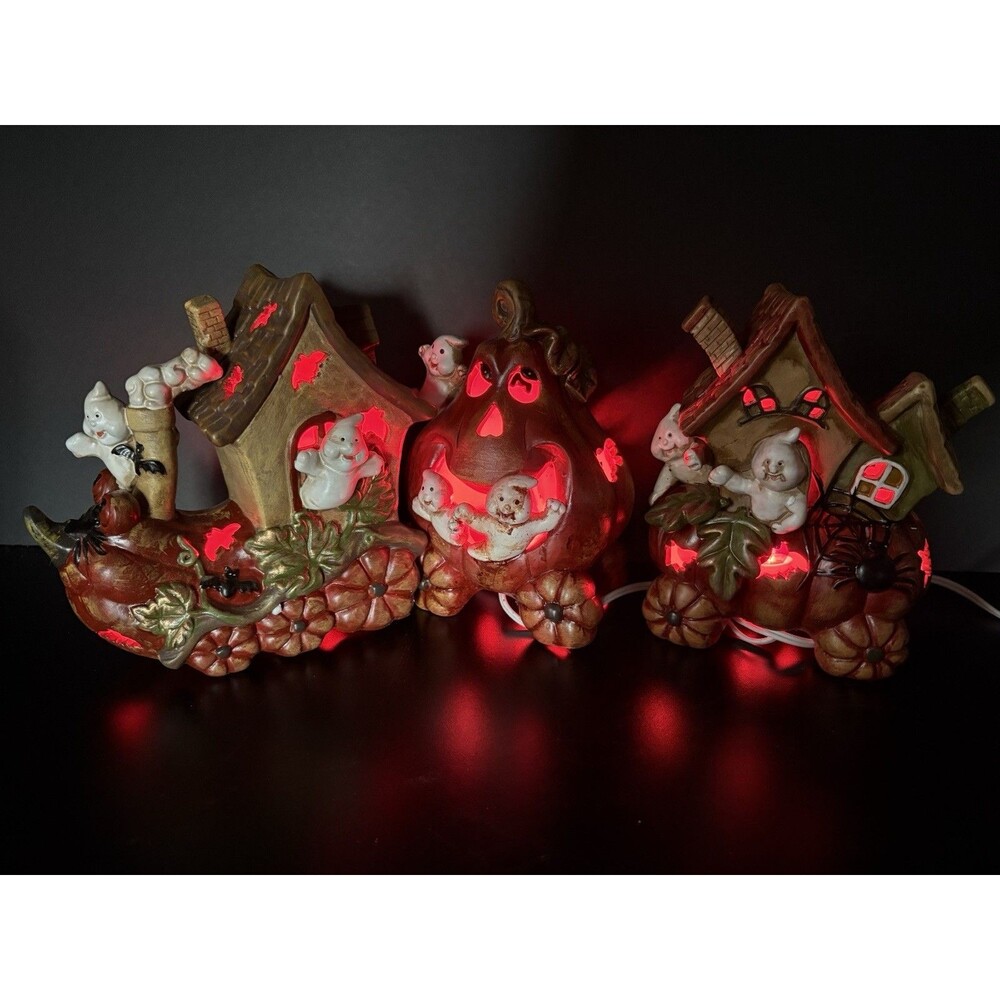 Cracker Barrel Light Up Ceramic Ghost Pumpkin Train Masquerade Party